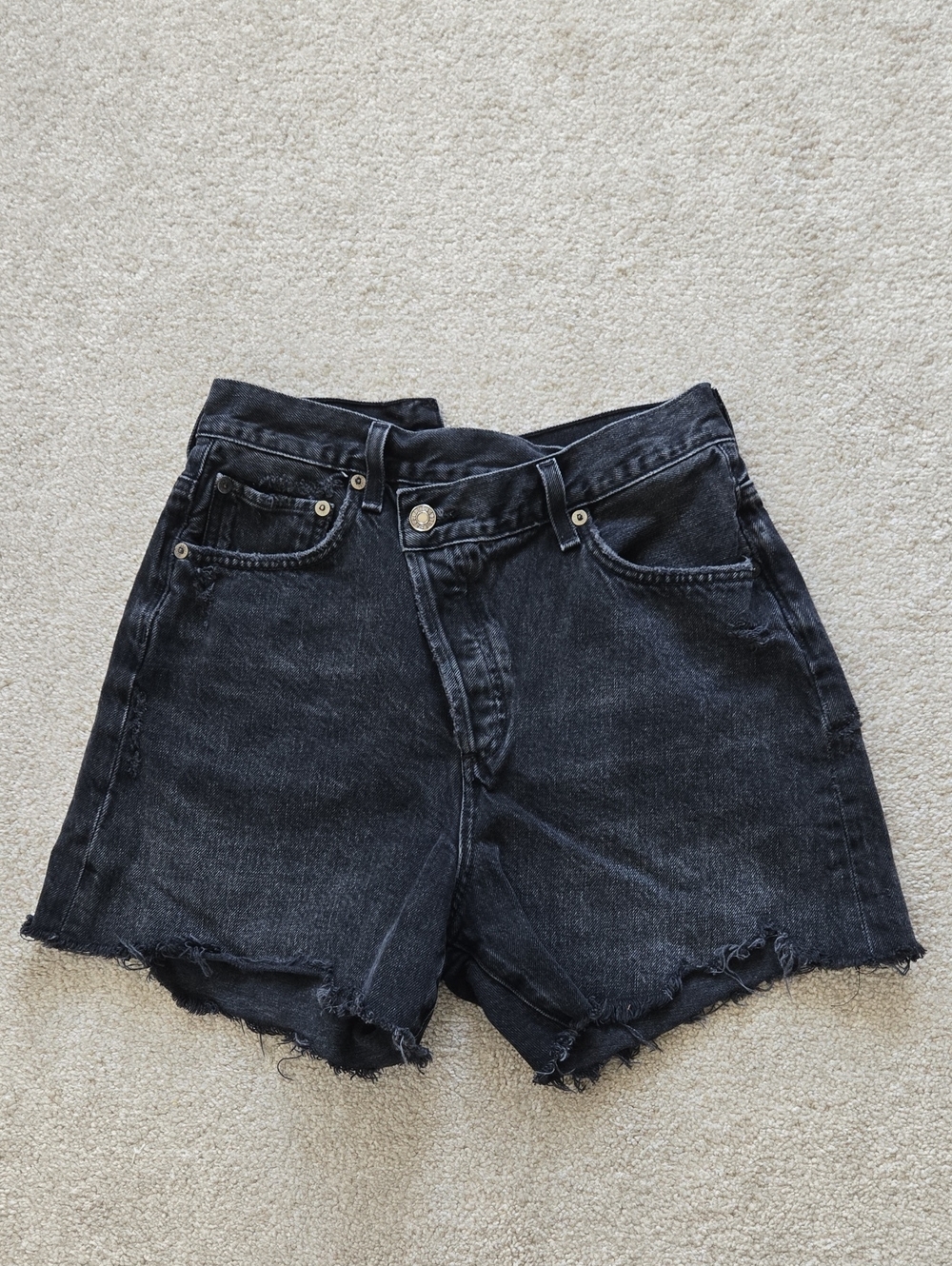 AGOLDE Black High-Rise Frayed Denim Shorts With Crisscross Waistband